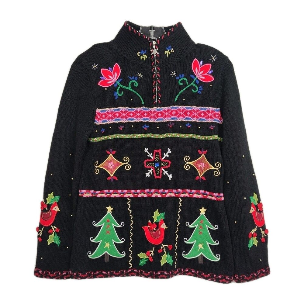VTG Kikit Pullover Christmas Sweater Women's S Black Embroidered Beads Sequins